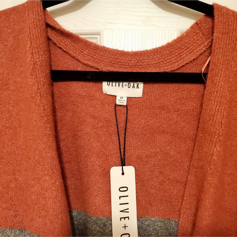 Sz 2XL OLIVE+OAK Burnt Orange Gray Cream Striped Open Mid-Thig Cardigan - Picture 3 of 5